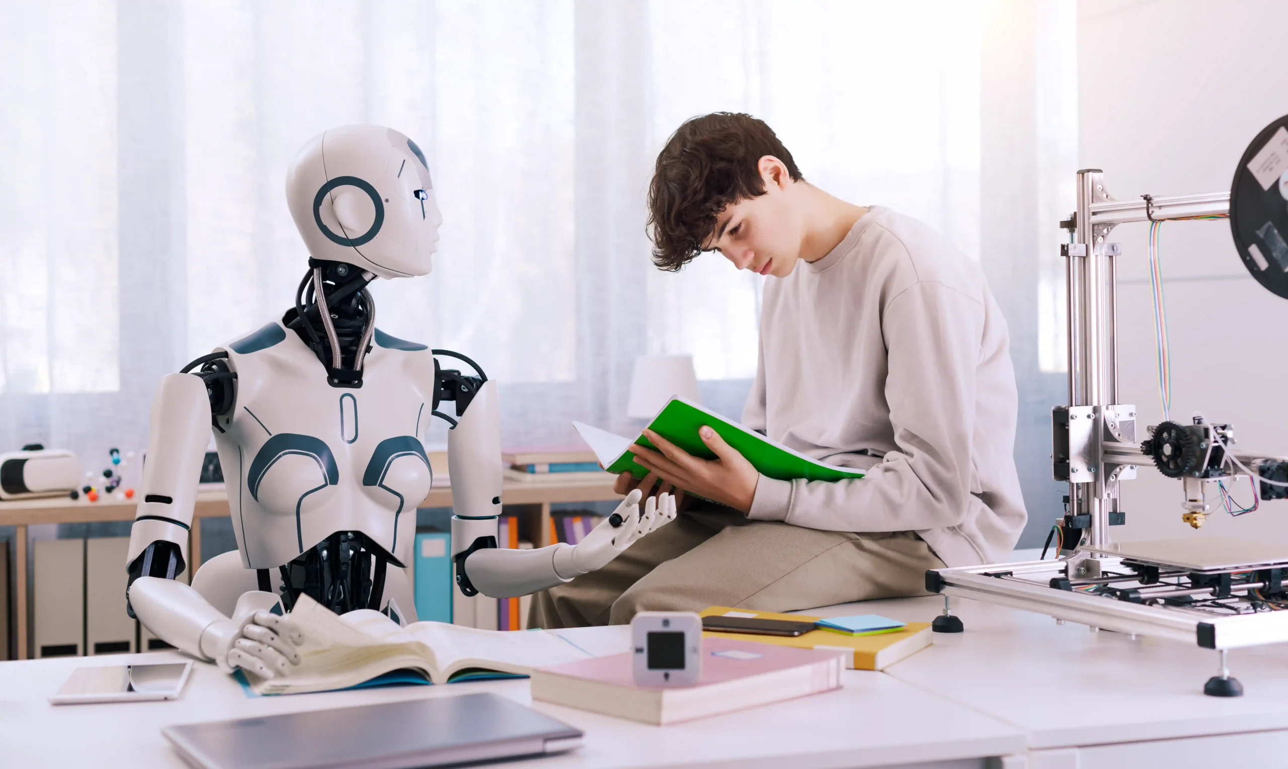Adolescente y robot humanoide estudiando juntos en una mesa con libros y una impresora 3D.